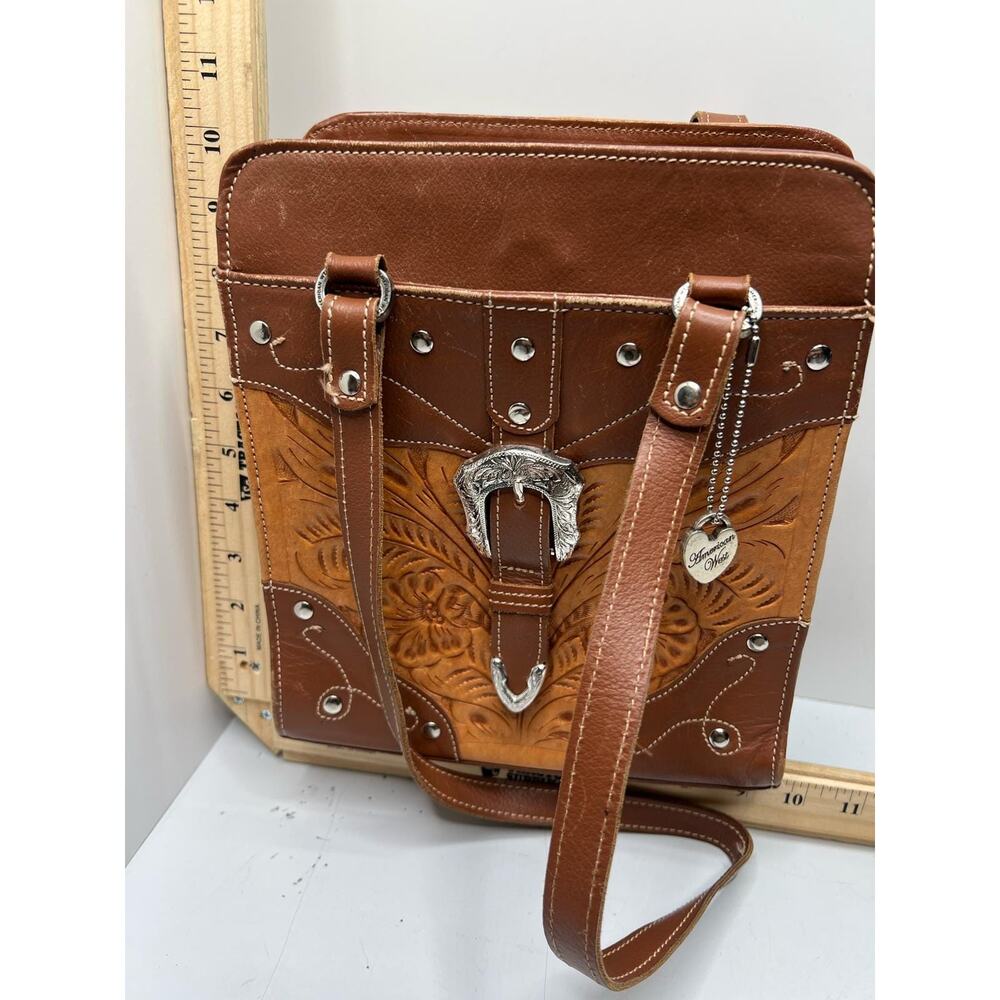 American West Handbag Women's Brown Floral Embossed Leather Studs Shoulder Bag